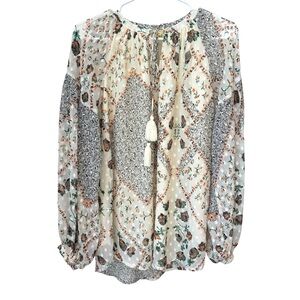 Sweet Magnolia Floral Paisley Boho Top Women’s Small Lined Balloon Sleeve